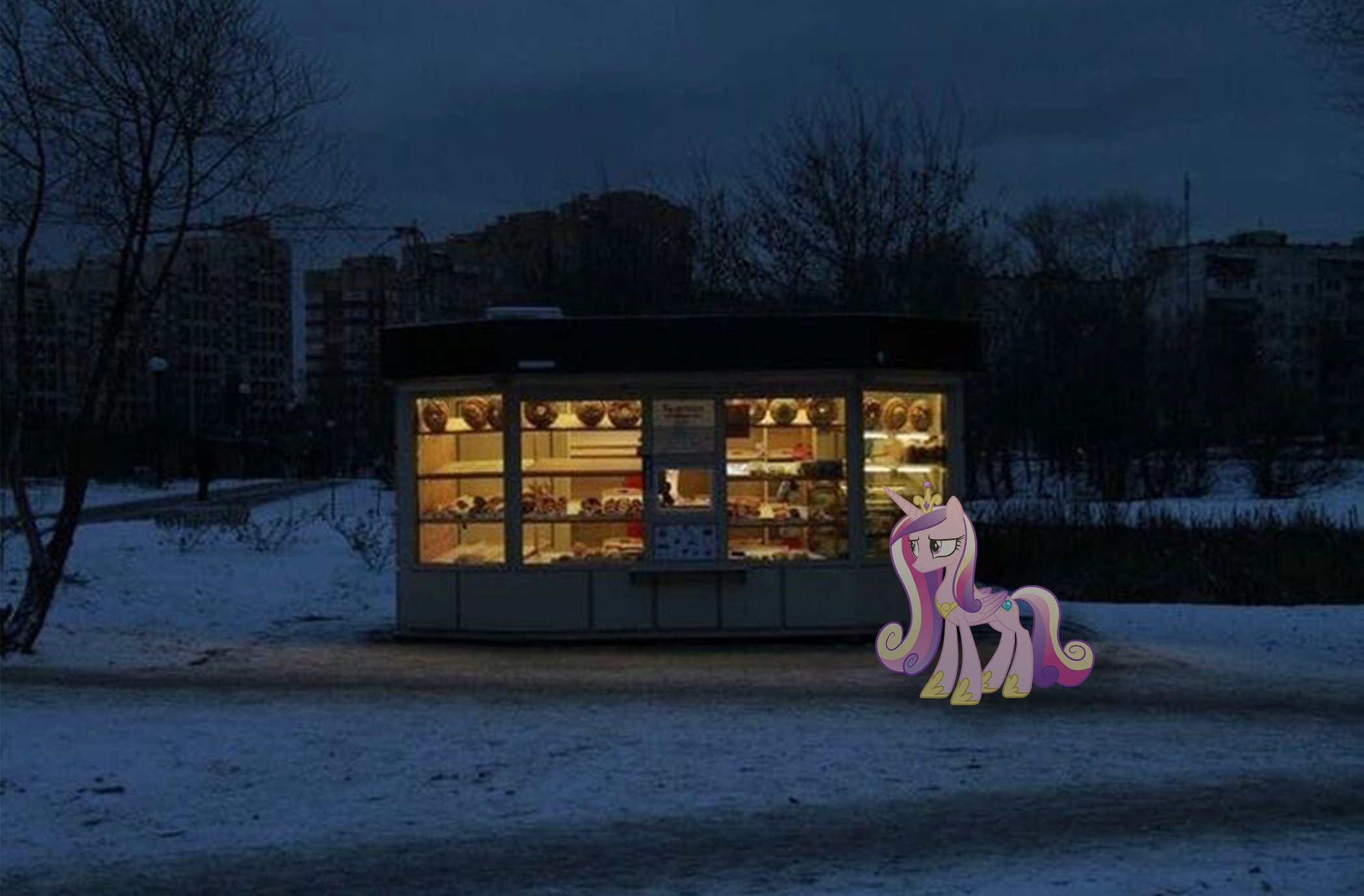 Cadance at bakery kiosk